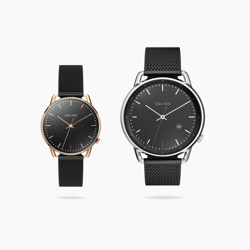 Watch Sets - Solar Curve & Curve Mini | Black Dial - Silver & Rose Gold Cases | Black Mesh
